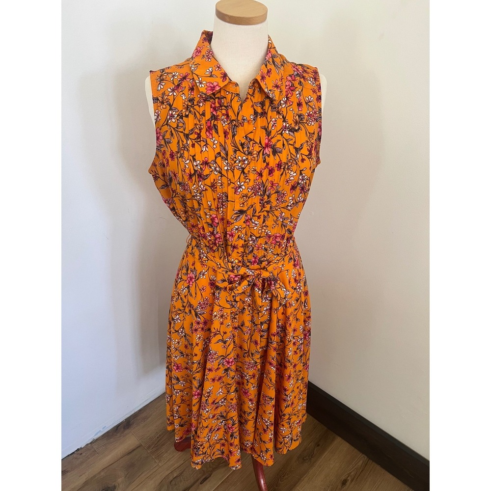 Nanette Lepore Orange Floral Pintuck Sleeveless Shirt Dress Size 10 Belted Knee - Picture 2 of 10